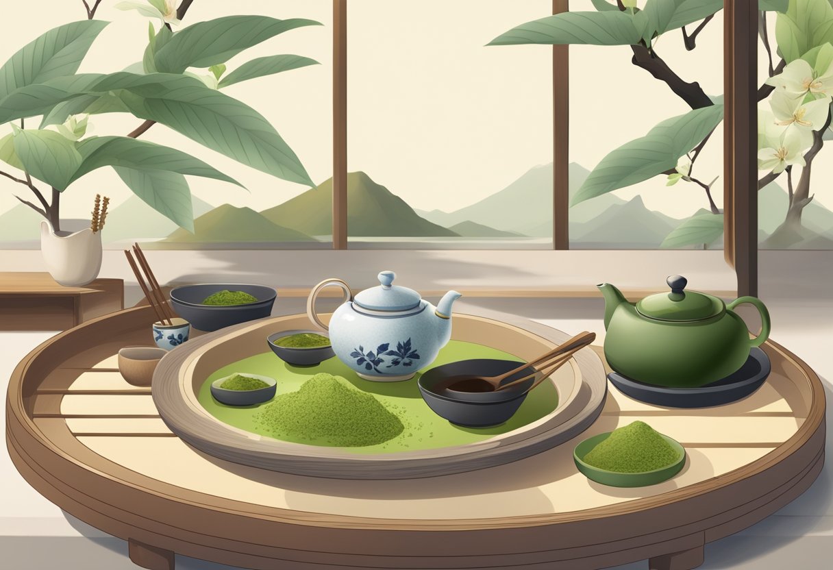 A tea ceremony set up with green tea leaves and matcha powder, surrounded by traditional Japanese utensils and a serene ambiance