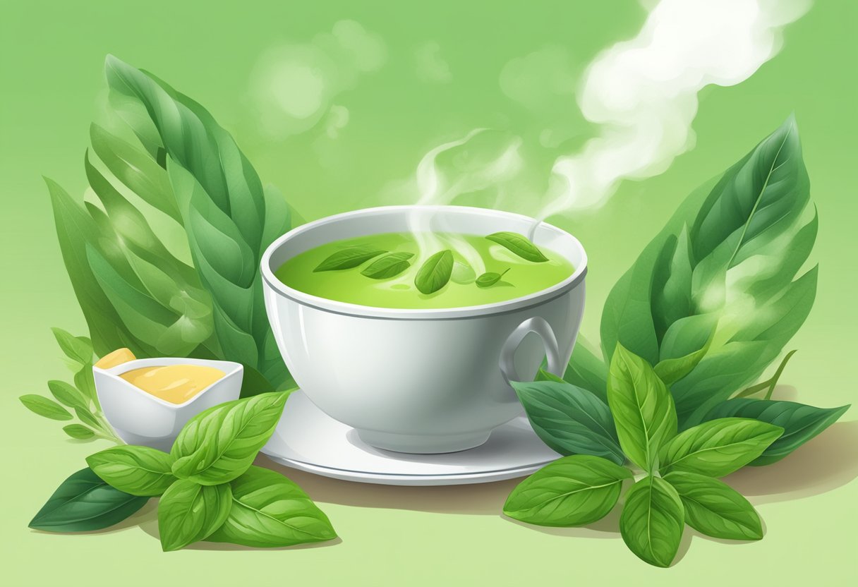 A steaming cup of green tea and a bowl of matcha powder surrounded by fresh green leaves and nutrient-rich ingredients