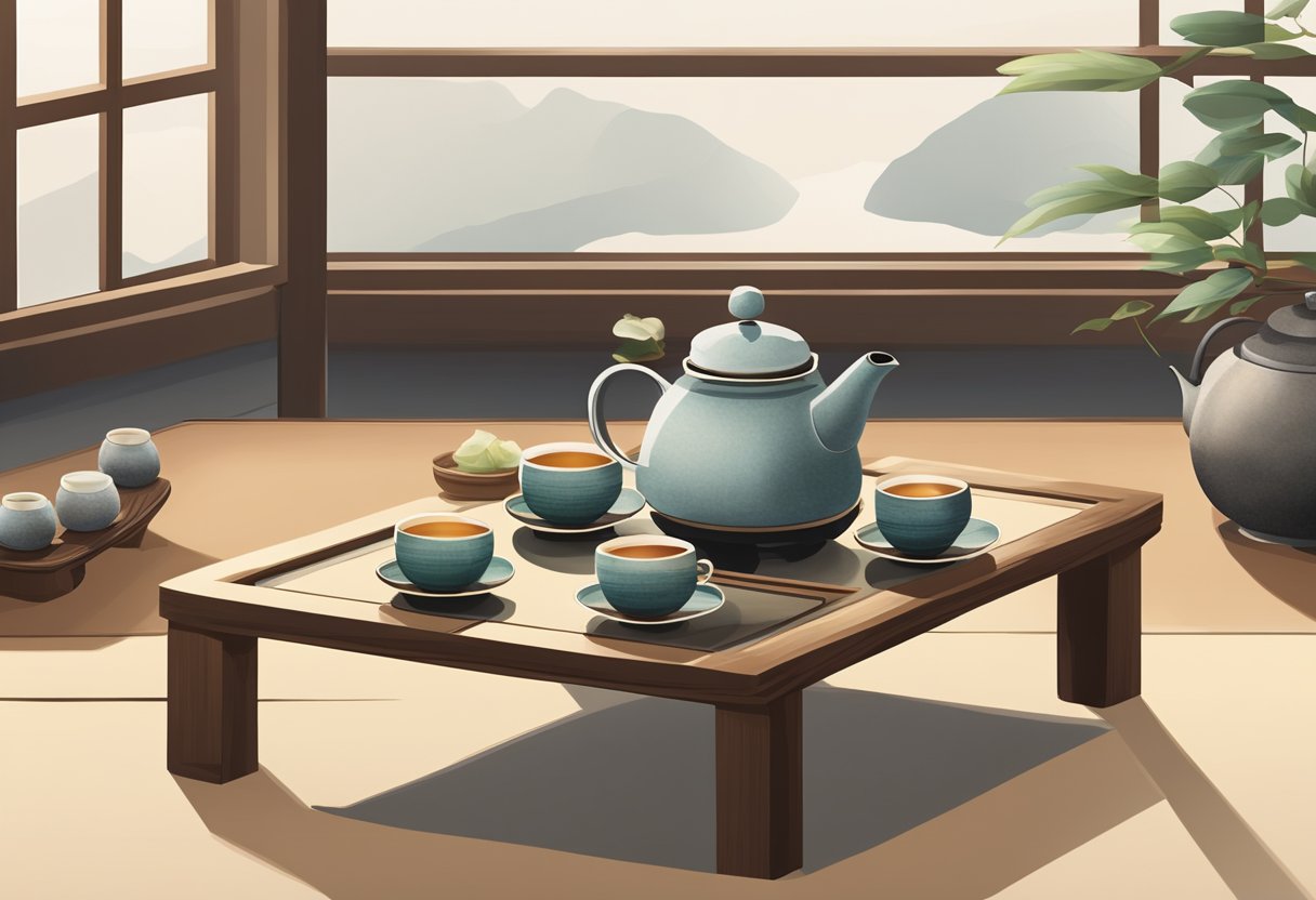 A serene tea ceremony set in a traditional Japanese tatami room, with a steaming teapot and delicate tea cups placed on a low wooden table