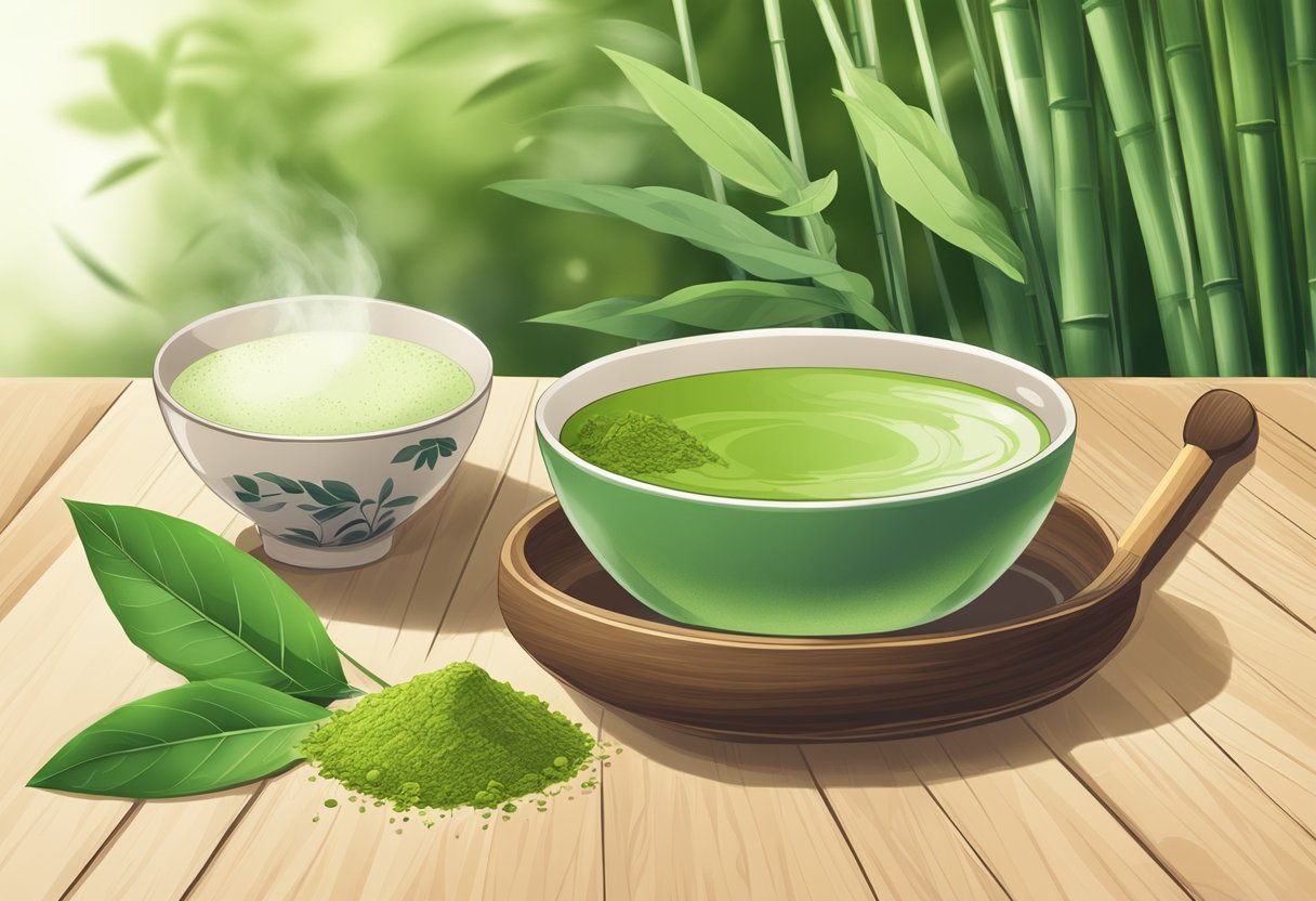 A steaming cup of green tea and a bowl of vibrant matcha powder sit side by side on a wooden table, surrounded by delicate tea leaves and bamboo utensils