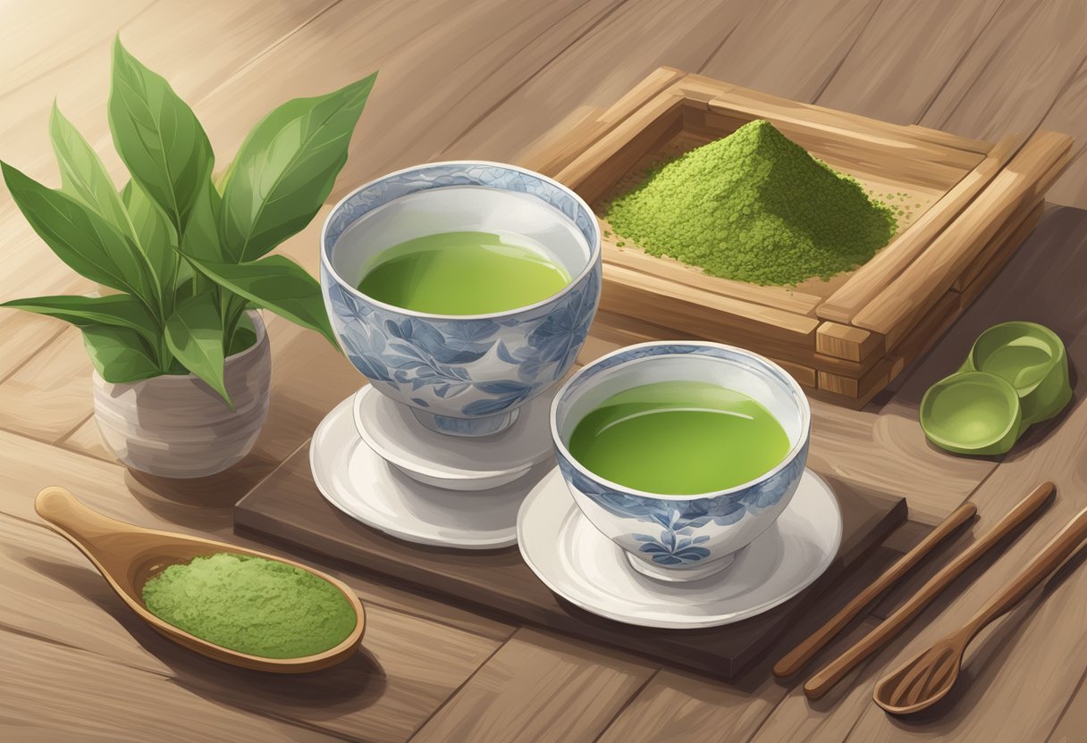 A steaming cup of green tea and a bowl of matcha powder sit side by side on a wooden table, surrounded by delicate tea leaves and bamboo utensils